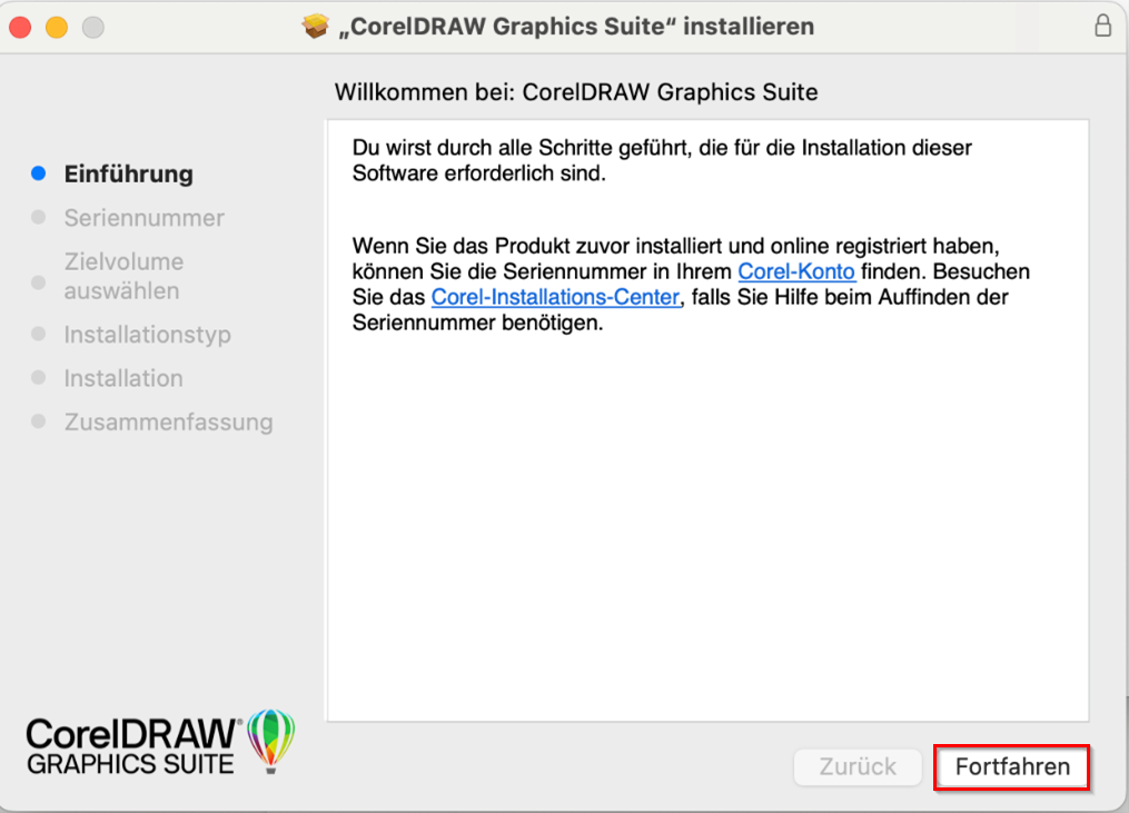 Screenshot Installation Fortfahren