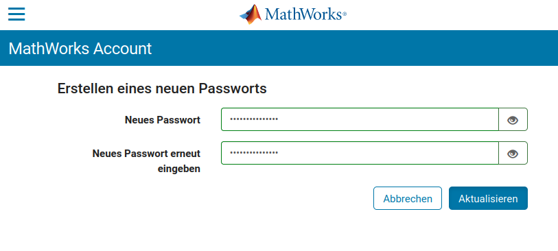 Screenhot MathWorks Passwort festlegen