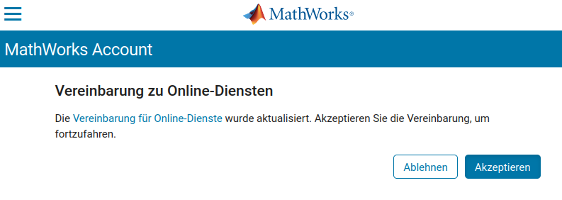Screenshot MathWorks Vereinbarung zu Onlinediensten