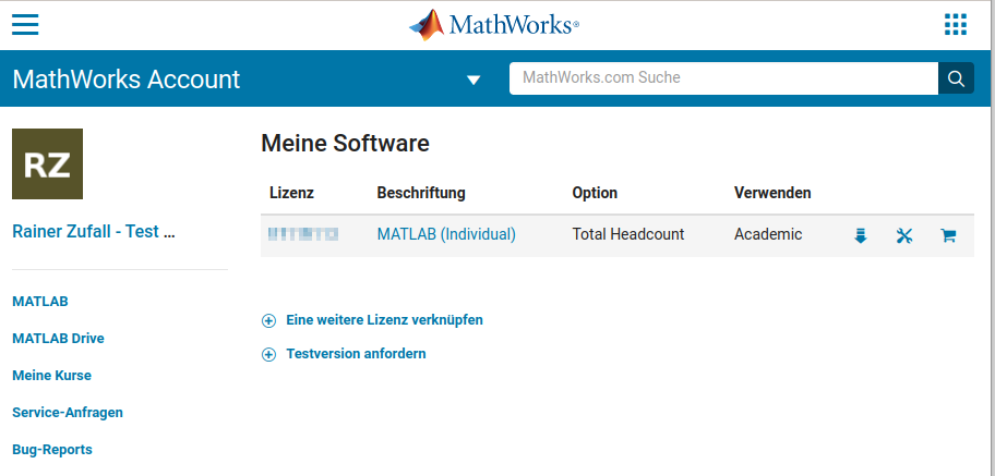 Screenshot MathWorks-Lizenzen
