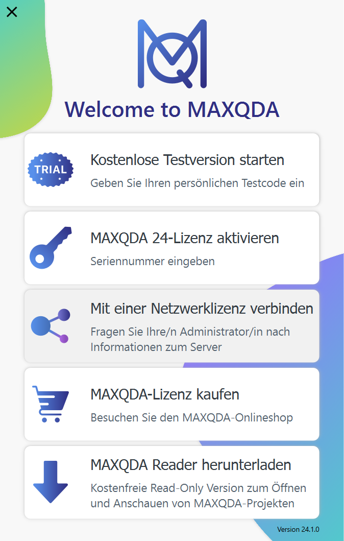 Screenshot MAXQDA Auswahl Mit einere Netzwerklizenz verbinden