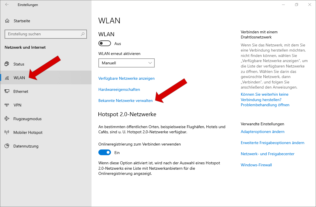 Screenshot WLAN-Verwaltung