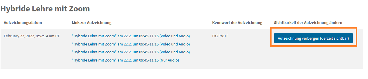 Aufzeichnung verbergen