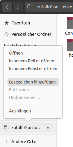 Screenshot Ubuntu Dateimanager - Lesezeichen hinzufügen 