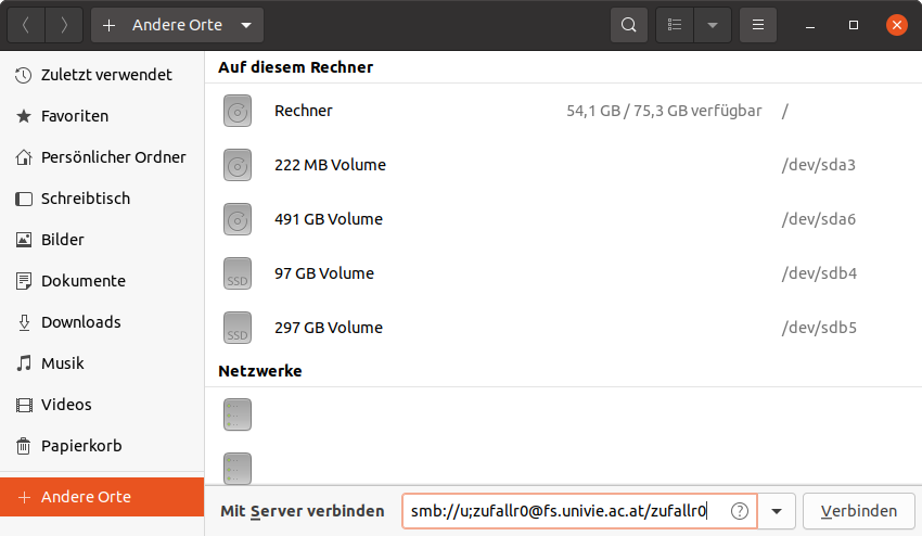 Screenshot Ubuntu Dateimanager - Netzwerkadresse eingeben