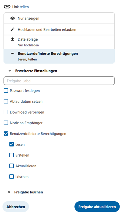 Screenshot Optionen beim Teilen mit Externen