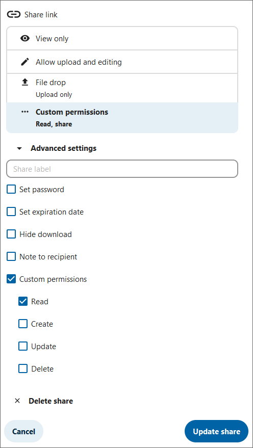 Screenshot options for sharing with external persons