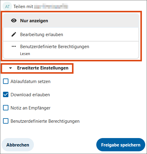 Screenshot Berechtigungen, erweiterte Einstellungen