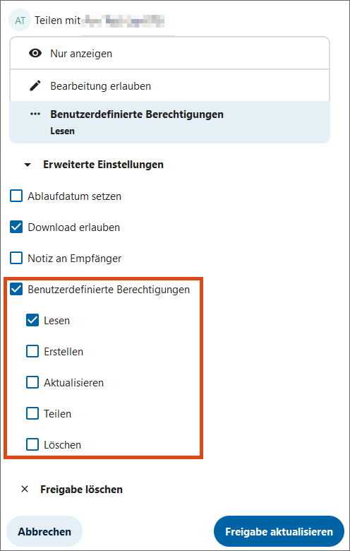 Screenshot Benutzerdefinierte Berechtigungen