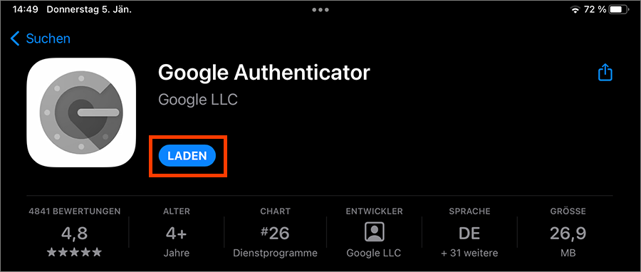 Screenshot Google Authenticator installieren