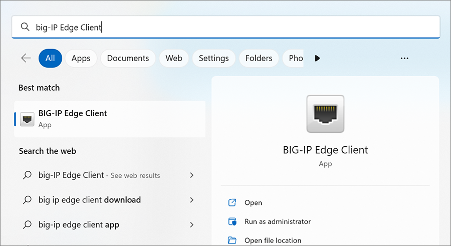 Screenshot Windows search BIG-IP Edge Client