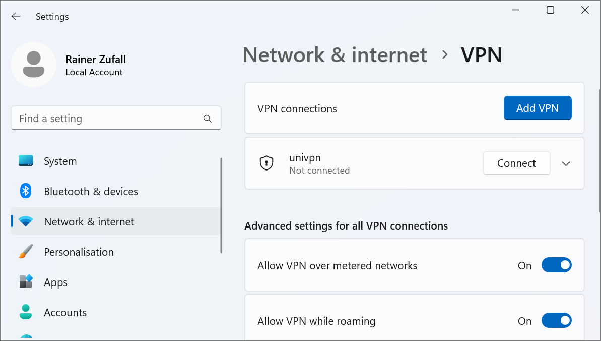 Screenshot Windows - select VPN connection