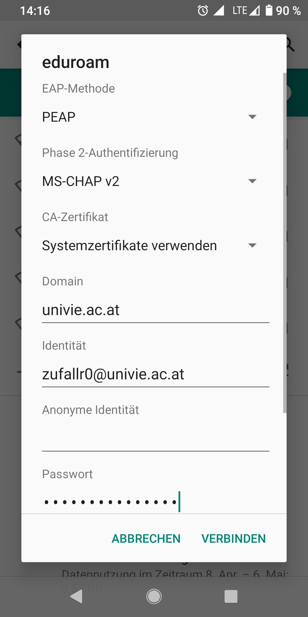 Screenshot Android eduroam-Konfiguration