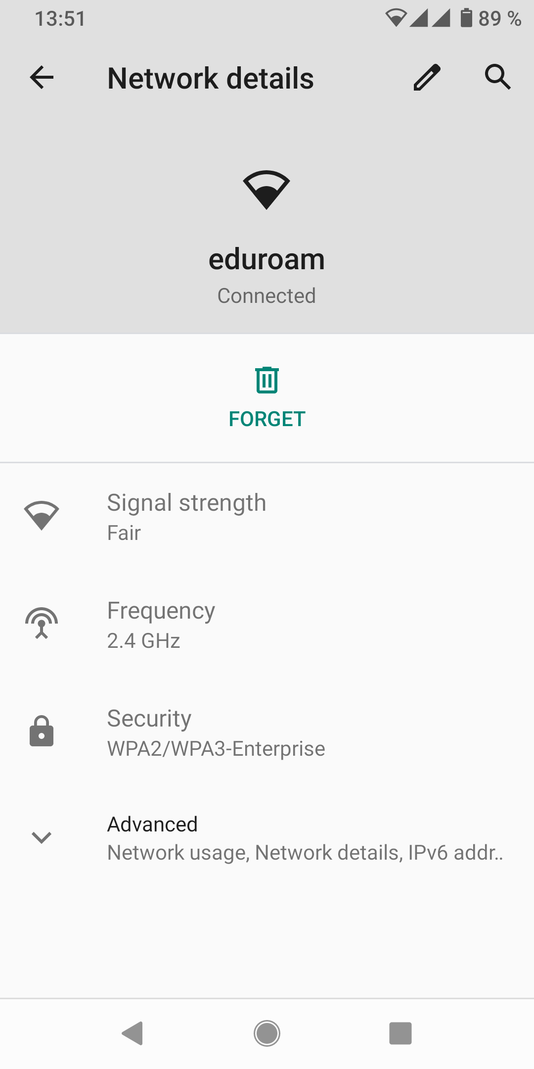 Screenshot Android - delete eduroam