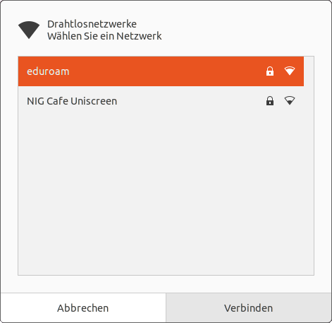 Screenshot Ubuntu WLAN-Netzwerk eduroam auswählen
