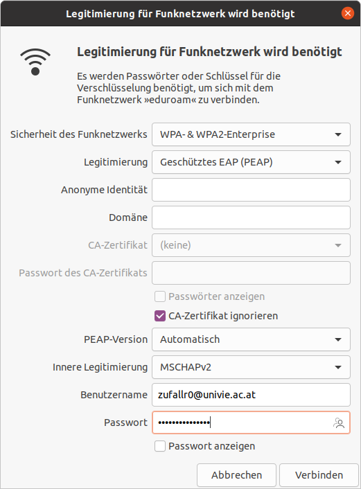 Screenshot Ubuntu WLAN-Einstellungen für eduroam