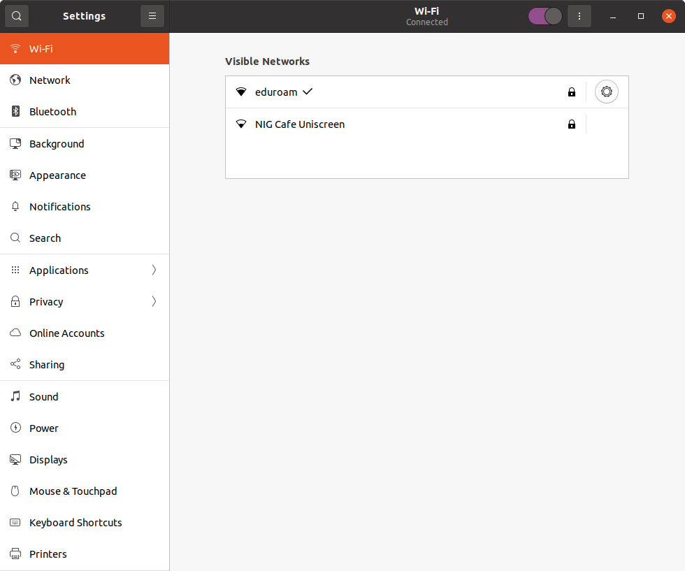 Screenshot Ubuntu WiFi - connected to eduroam