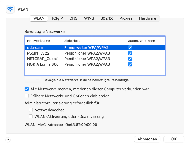 Screenshot eduroam macOS Bevorzugte Netzwerke - eduroam entfernen