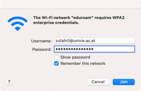Screenshot macOS WiFi - eduroam credentials
