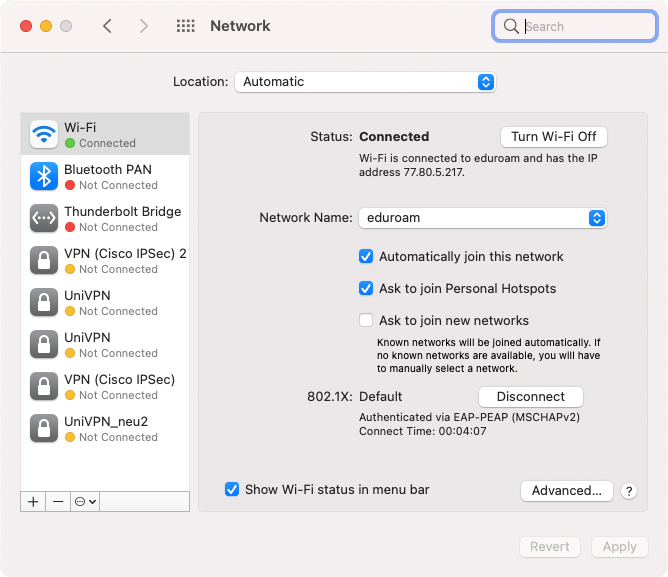 Screenshot eduroam macOS Network preferences