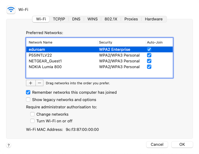 Screenshot eduroam macOS - preferred networks