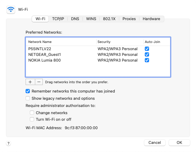 Screenshot eduroam macOS - preferred networks