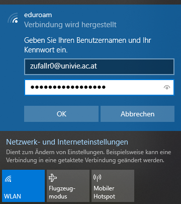 Screenshot Windows 10 WLAN - eduroam Zugangsdaten eingeben