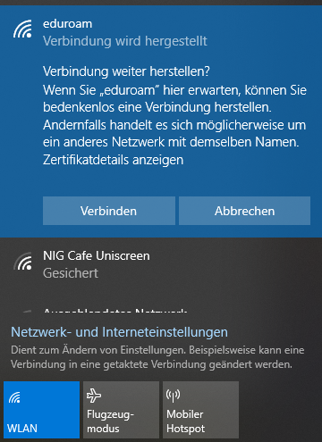 Screenshot Windows 10 WLAN - Eduroam-Zertifikat