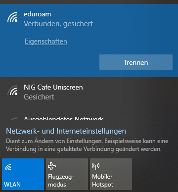 Screenshot Windows 10 WLAN - eduroam verbunden