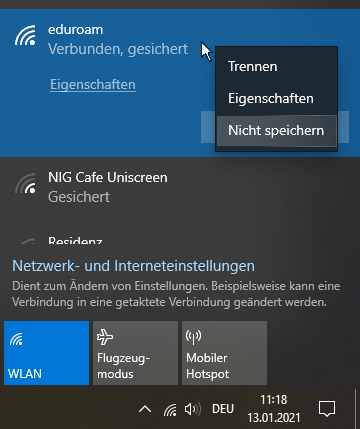 Screenshot Windows 10 WLAN - Eduroam entfernen