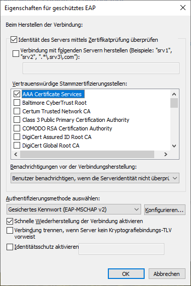 Screenshot eduroam Windows Identität des Servers mittels Zertifikat überprüfen aktiviert