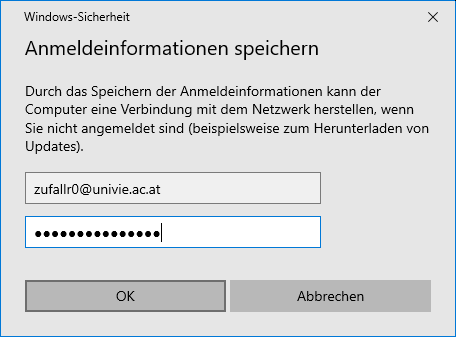 Screenshot eduroam Windows Anmeldeinformationen speichern