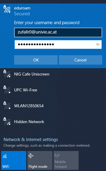 Screenshot Windows 10 WiFi - eduroam credentials