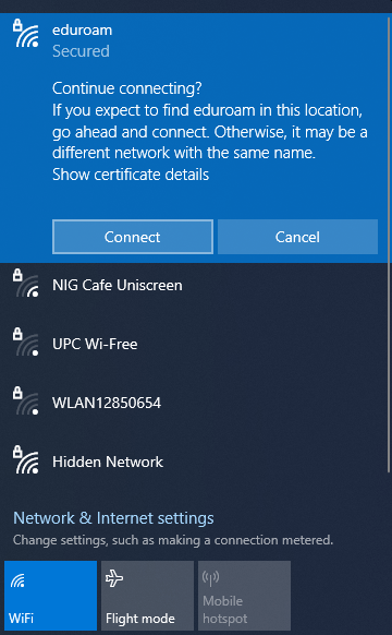 Screenshot Windows 10 WiFi - server certificate warning