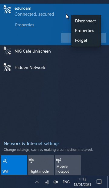 Screenshot Windows 10 WiFi remove eduroam access details