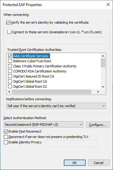 Screenshot eduroam select server ceritficate