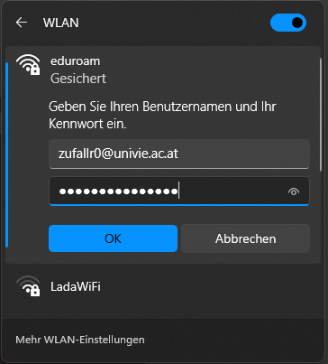 Screenshot Windows 11 eduroam Zugangsdaten eingeben