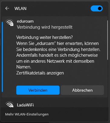 Screenshot Windows 11 eduroam - Warnung Serverzertifkat