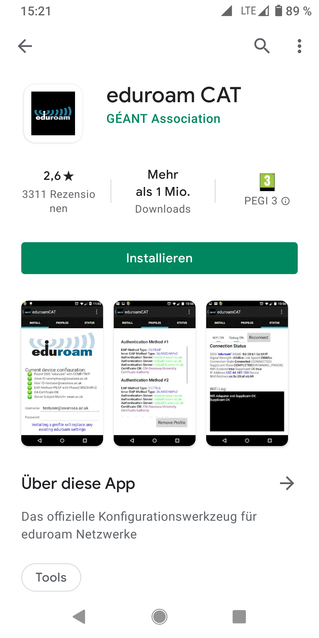 Screenshot eduroam CAT Android Google Play Store App installieren