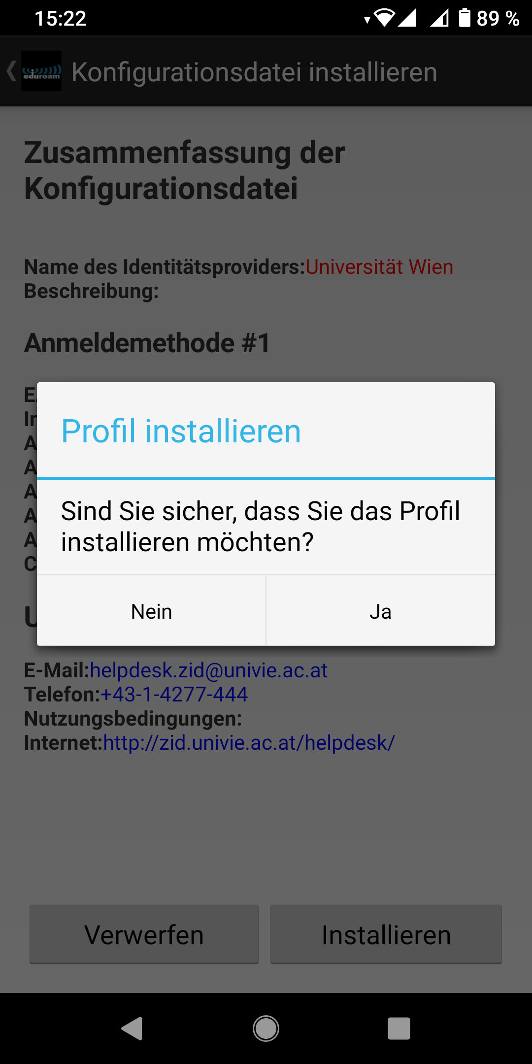 Screenshot Android Eduroam CAT App - Profil installieren