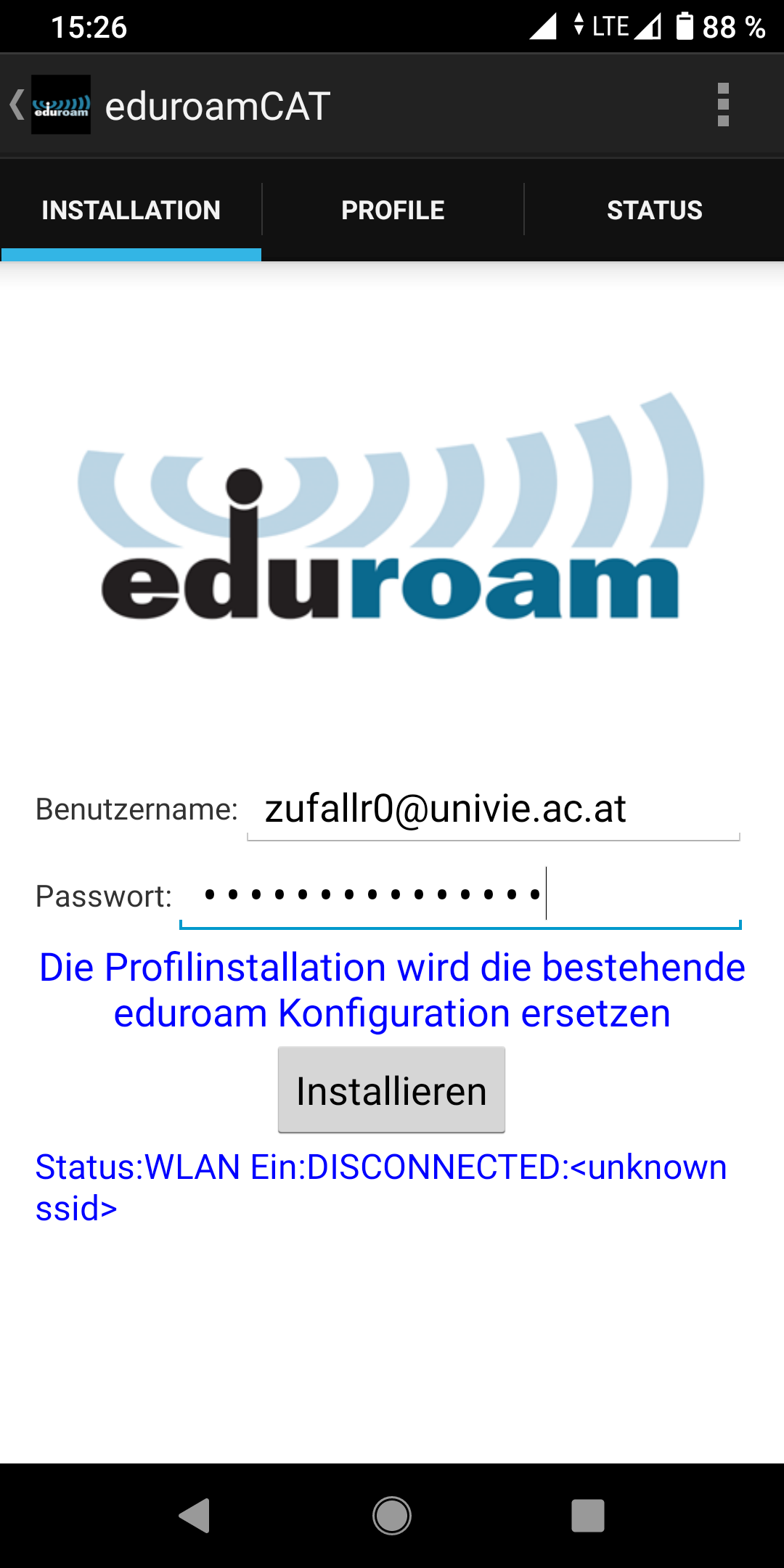 Screenshot Android Eduroam CAT App - eduroam-Zugangsdaten eingeben