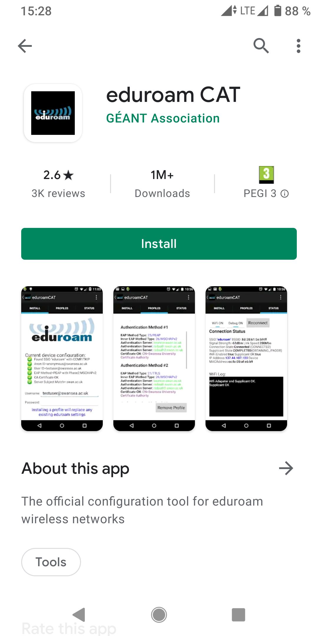 Screenshot eduroam CAT Android Google Play Store App