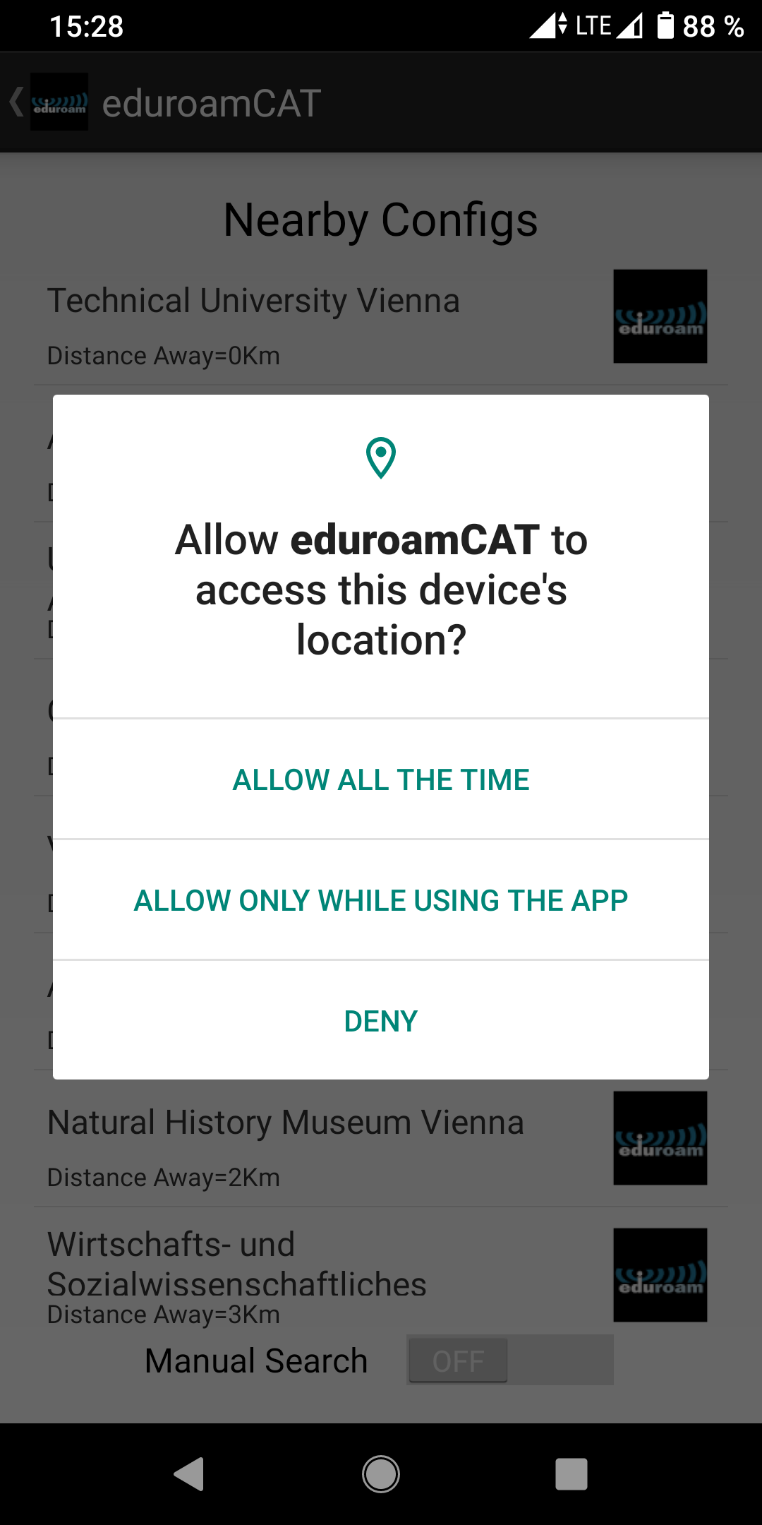 Screenshot Android eduroam CAT app - allow access to the location