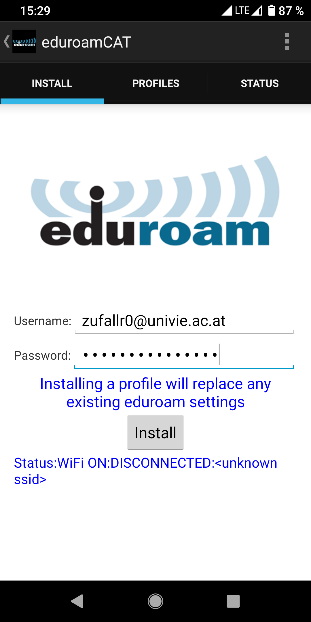 Screenshot eduroam CAT Android App - enter user id and password
