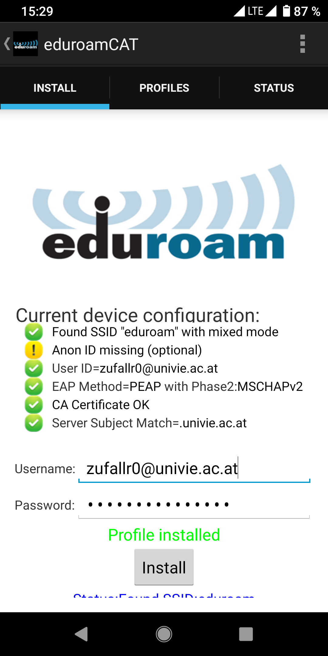 Screenshot eduroam CAT Android App - profile installed