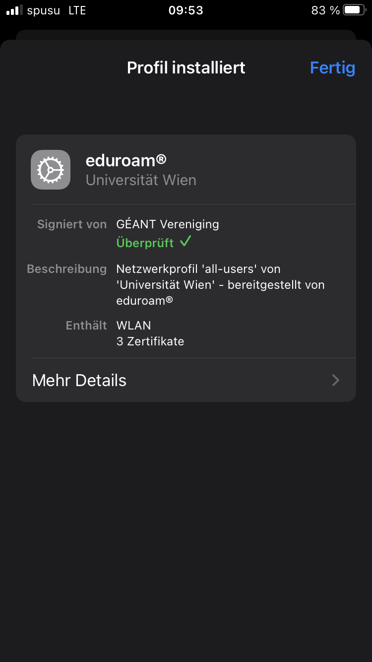 Screenshot iOS Settings eduroam CAT profile installed