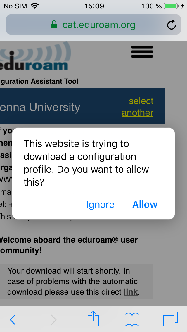 Screenshot iOS eduroam CAT - allow configuration file download