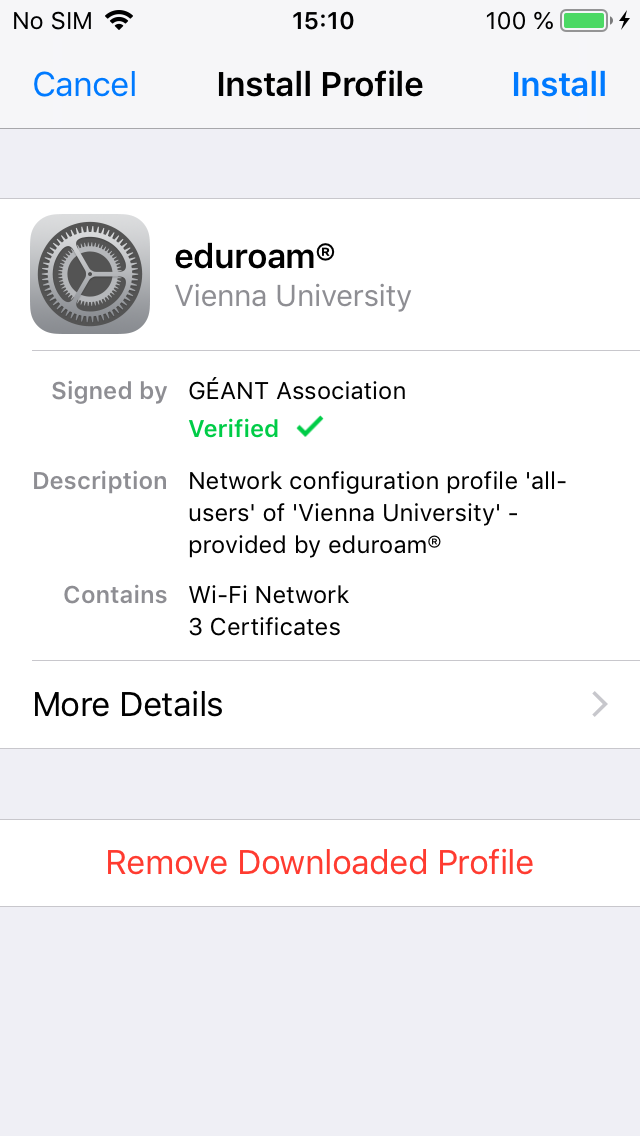Screenshot iOS Einstellungen eduroam CAT - install profile