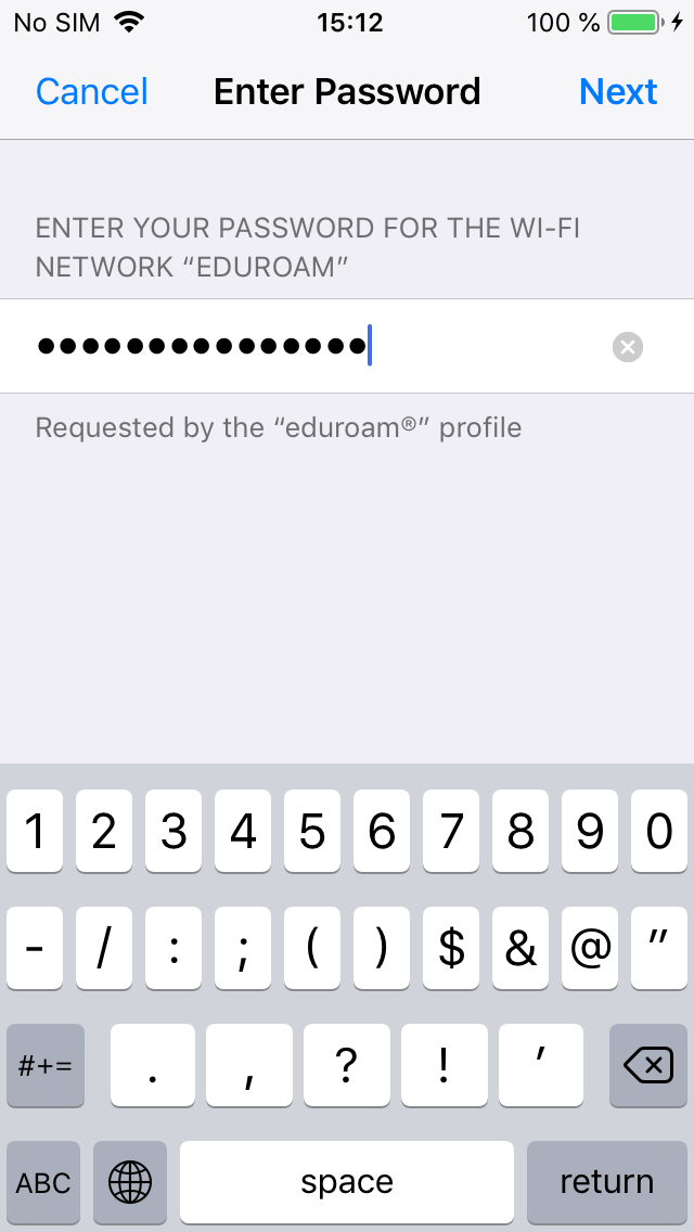Screenshot iOS Settings eduroam CAT password