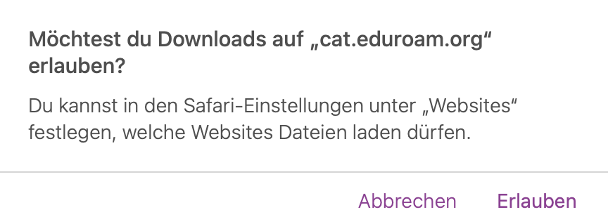 Screenshot macOS eduroam CAT herunterladen erlauben